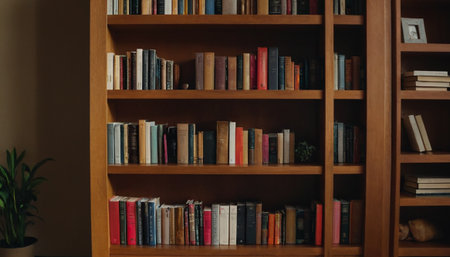 Bookshelf with books in library at home. Selective focus.の素材