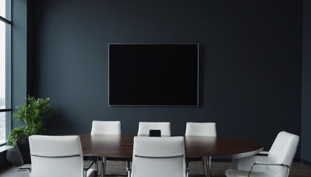 Modern conference room interior with blank plasma tv screen and white chairs. 3D Renderingの素材
