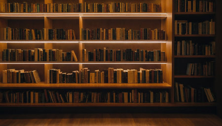 Bookshelf with books in a library. Selective focus.の素材