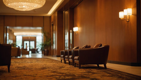 Interior of hotel lobby with armchairs and ceiling light. Shallow depth of fieldの素材