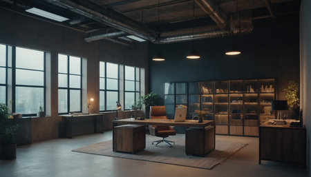 Interior of modern office with city view. 3D Renderingの素材