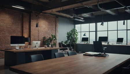 Modern loft office interior with brick wall and wooden floor. Nobody insideの素材