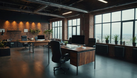 Interior of a modern loft office with brick walls, concrete floor, rows of computer tables and chairs, panoramic windowsの素材