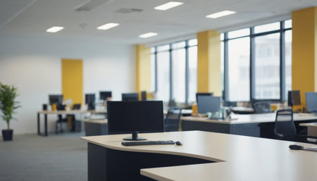 Blurred image of an open space office with tables and chairs.の素材