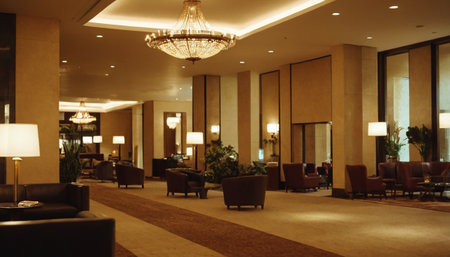 Luxury hotel lobby interior with armchairs and ceiling lamps.の素材