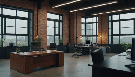 Modern loft office interior with wooden furniture, panoramic windows and city viewの素材