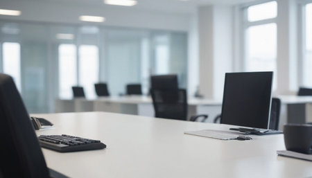 Close-up of a desk in an office with computers on itの素材