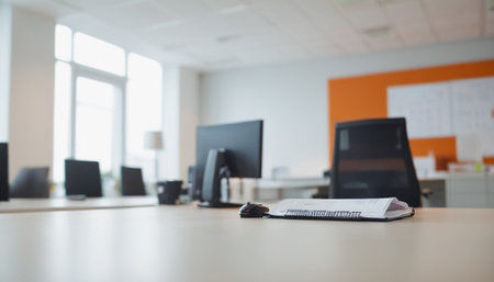 Blurred image of a desk in an office with computer and notebookの素材