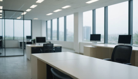 Blurred image of modern open space office with computers on the desks.の素材