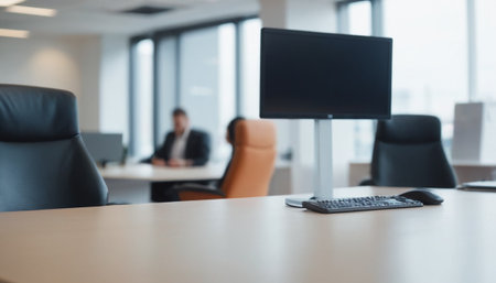 Blurred image of business people working on computer in modern office.の素材