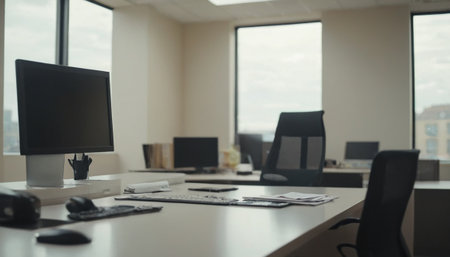 Close up of modern workplace in office. Blurred background. Workplace conceptの素材