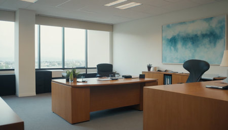 Interior of a modern office with a panoramic window viewの素材
