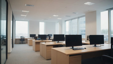 Modern coworking office interior with computers on desks. Blurred backgroundの素材