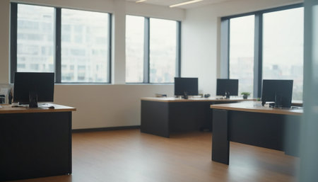 Modern office interior. Workplace with computers and equipment. Blurred backgroundの素材