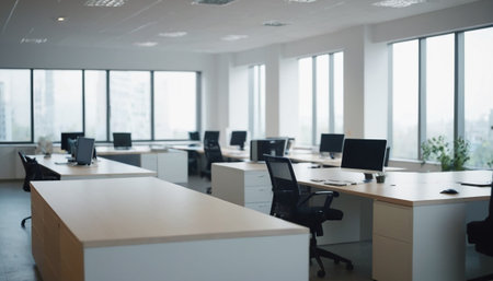 Modern office interior. Blurred background, soft focus, bokehの素材