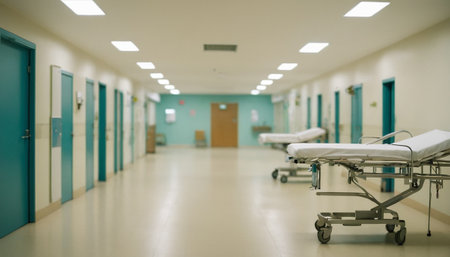 Empty hospital corridor with hospital bed and medical equipment, blurred background.の素材