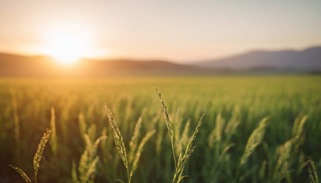 Green rice field in the morning with sunset and mountains in the backgroundの素材