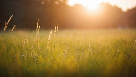 Sunset over the meadow with grass in the foreground. Soft focus.の素材
