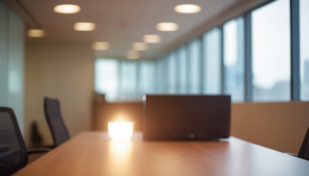 Blurred background of modern office interior with computer and coffee cup.の素材
