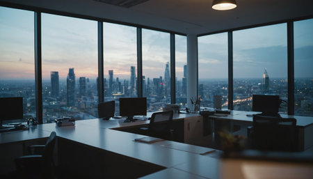 Modern office interior with panoramic city view and skyscrapersの素材