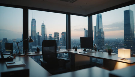 Luxury modern office interior with big window and city view.の素材