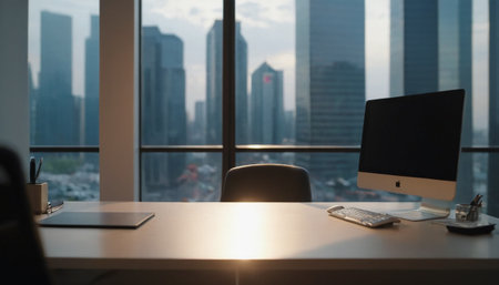 Workplace in modern office with computer on table and city view backgroundの素材