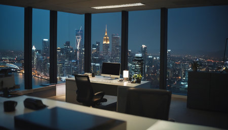 Office interior with panoramic view of skyscrapers at nightの素材