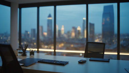 Modern office interior with laptop computer and coffee cup. Blurred city view backgroundの素材