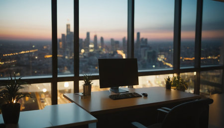 Businessman working on computer in modern office with cityscape at sunsetの素材