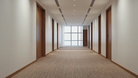 3d render of empty corridor in a modern office with large windowsの素材