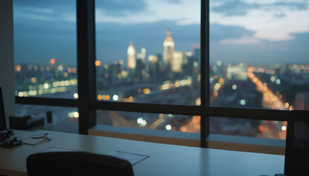 Blurred office room with city view and bokeh light backgroundの素材
