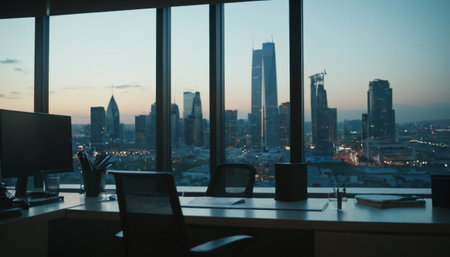 Working place in modern office with big window and city view background.の素材