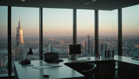 Office interior with panoramic view of the skyscrapers in the eveningの素材