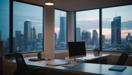 Working space in modern office with city view in background, selective focusの素材