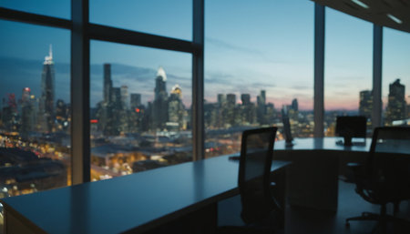 Blurred background of modern office with city view, business concept.の素材