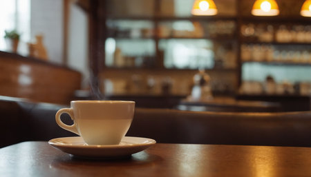 Coffee cup on table in coffee shop, shallow depth of fieldの素材