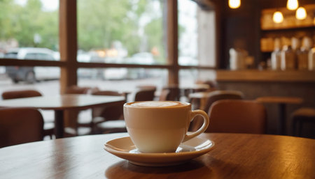 Coffee cup on wooden table in coffee shop, stock photoの素材