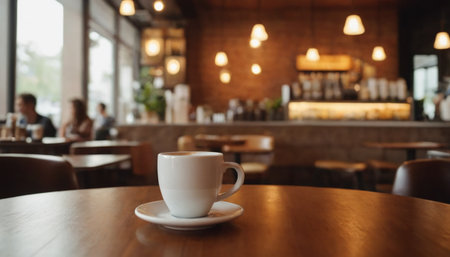 Coffee cup on wooden table in coffee shop, stock photoの素材