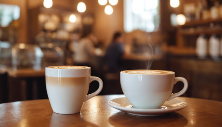 Two cups of cappuccino on wooden table in coffee shopの素材