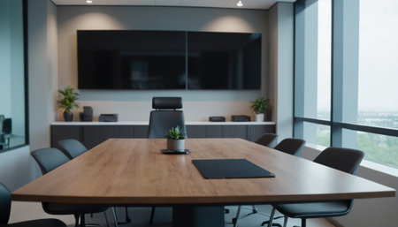 Empty meeting room in modern office with wooden table and black chairs.の素材