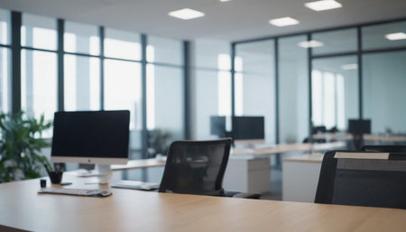 Blurred image of a modern open space office. Workplace.の素材