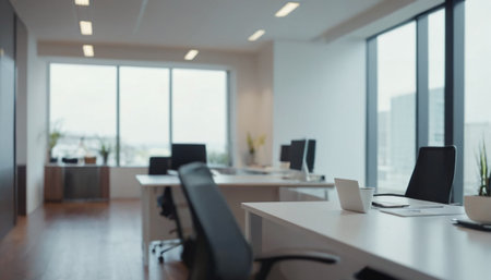 Blurred background of modern office interior with panoramic window and city viewの素材