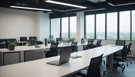 Modern coworking office interior with furniture and equipment. Blurred backgroundの素材