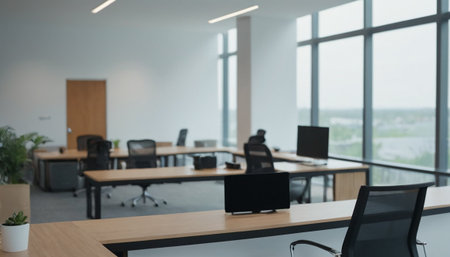 Blurred view of modern open space office with white walls, wooden floor and rows of computer tables.の素材