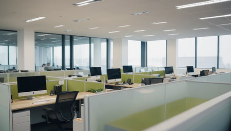 Modern office interior with rows of computer tables and chairs. Blurred backgroundの素材