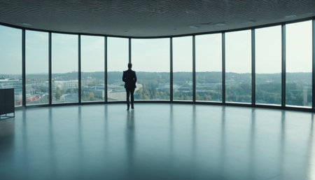 Businessman standing in big hall with panoramic view on cityの素材