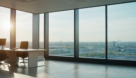 Modern office interior with panoramic city view. 3D Renderingの素材