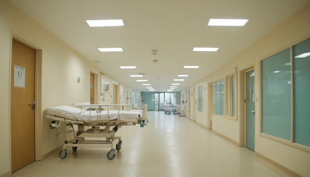 Interior of a hospital corridor with an empty stretcher and a bedの素材