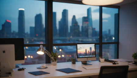 Blurred view of modern office interior with city view, stock photoの素材