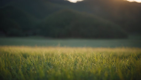 Green grass in the meadow with mountain background. Nature background.の素材